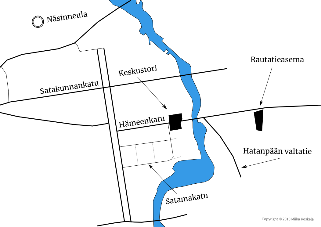 Osa sivuillamme vuonna 2010 olleesta ja käyttämästämme opastekartasta. Kartan kotikaupunkimme keskusta-alueesta piirsi Miika Koskela.
